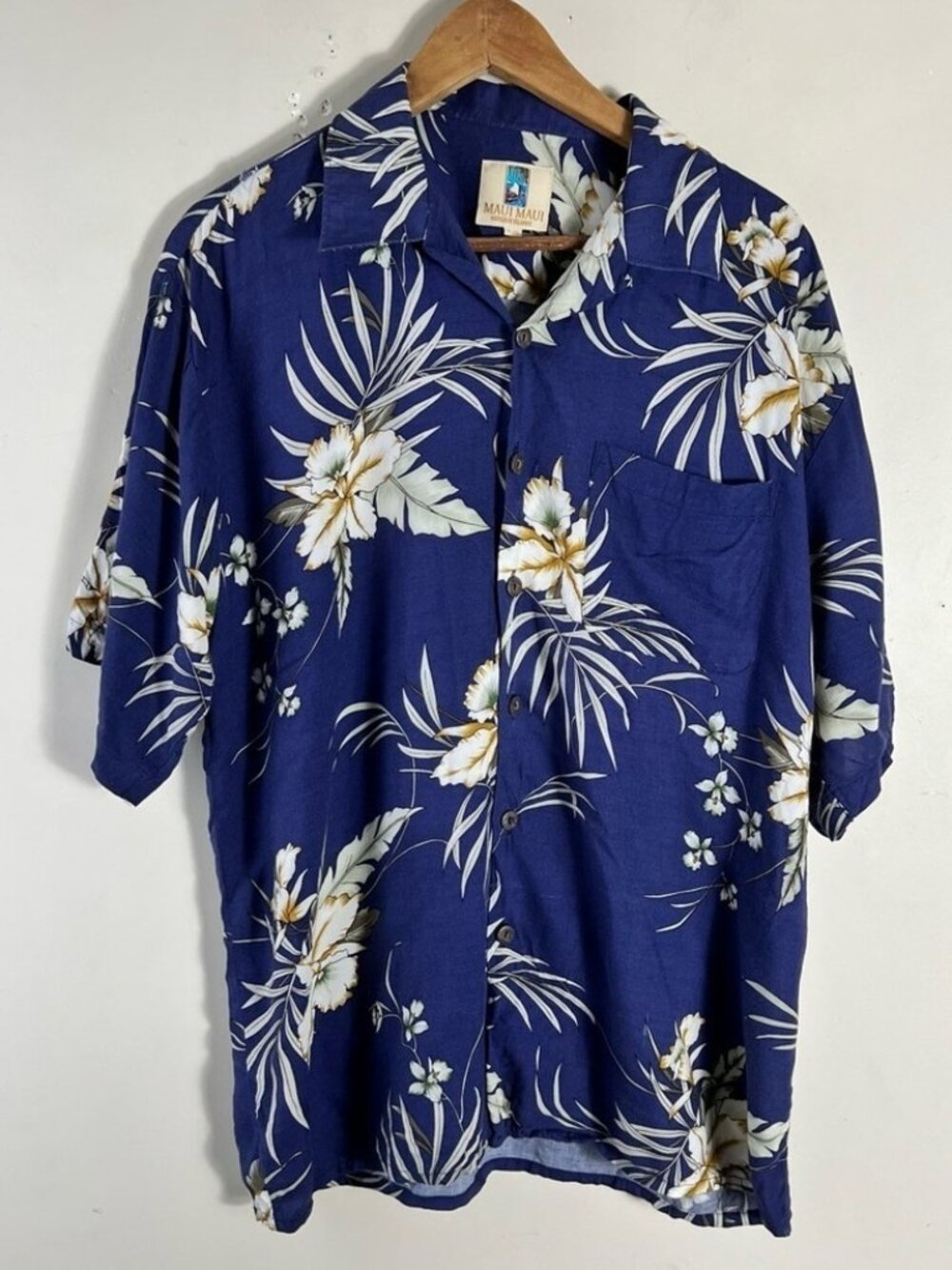 Maui Maui Hawaii Islands Vintage Hawaiian Shirt Mens Size Large blue Palm Leaf